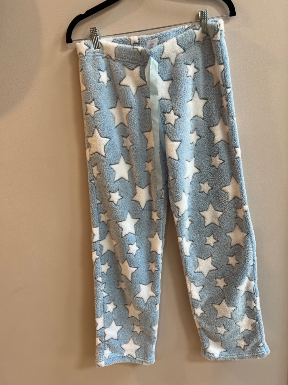 Plush Star-Print Pajama Pants in Light Blue With Stars Size Large